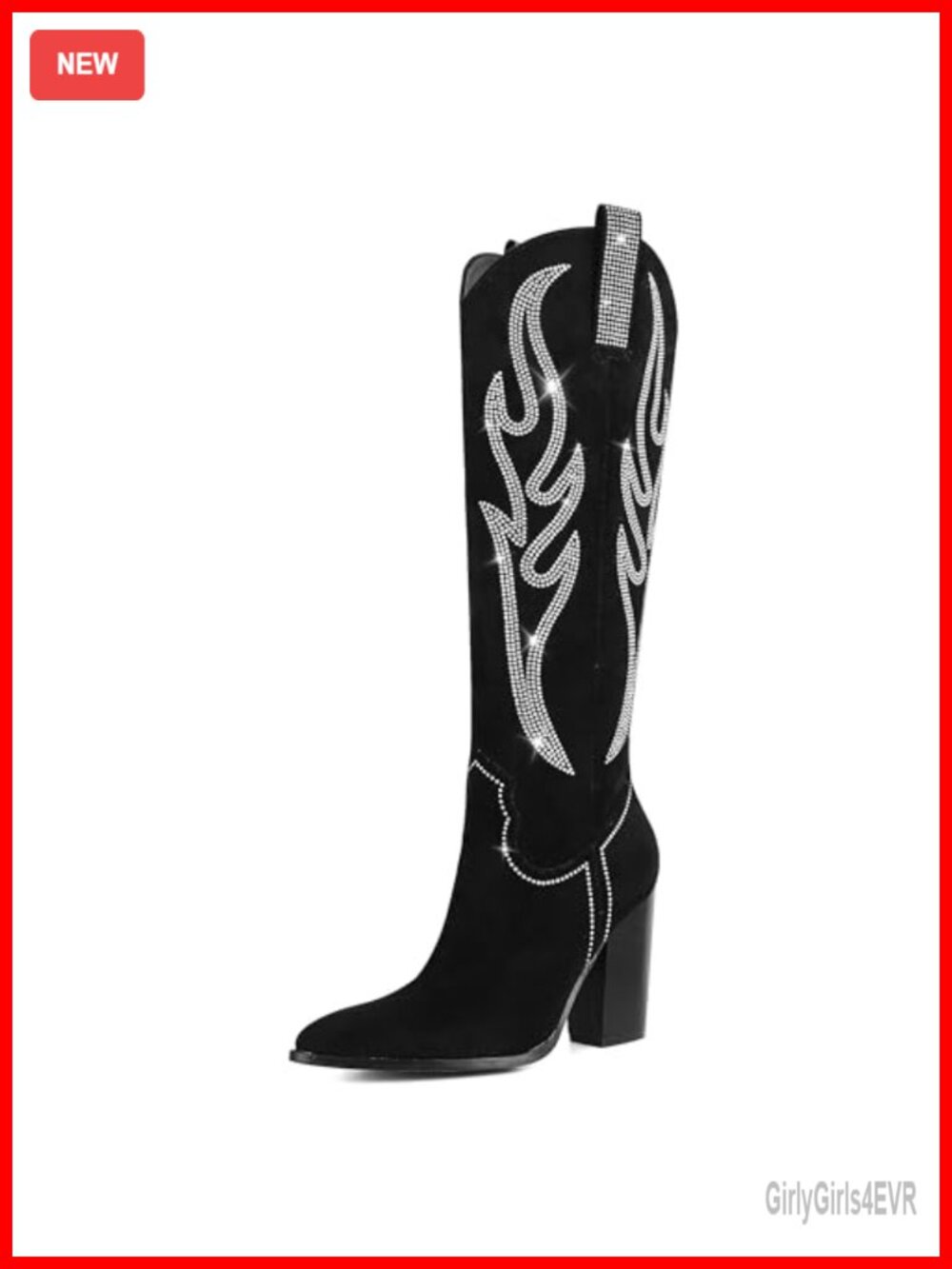 Embroidered Rhinestone Cowgirl Boots Women Knee High Chunky Heel Pointed Toe